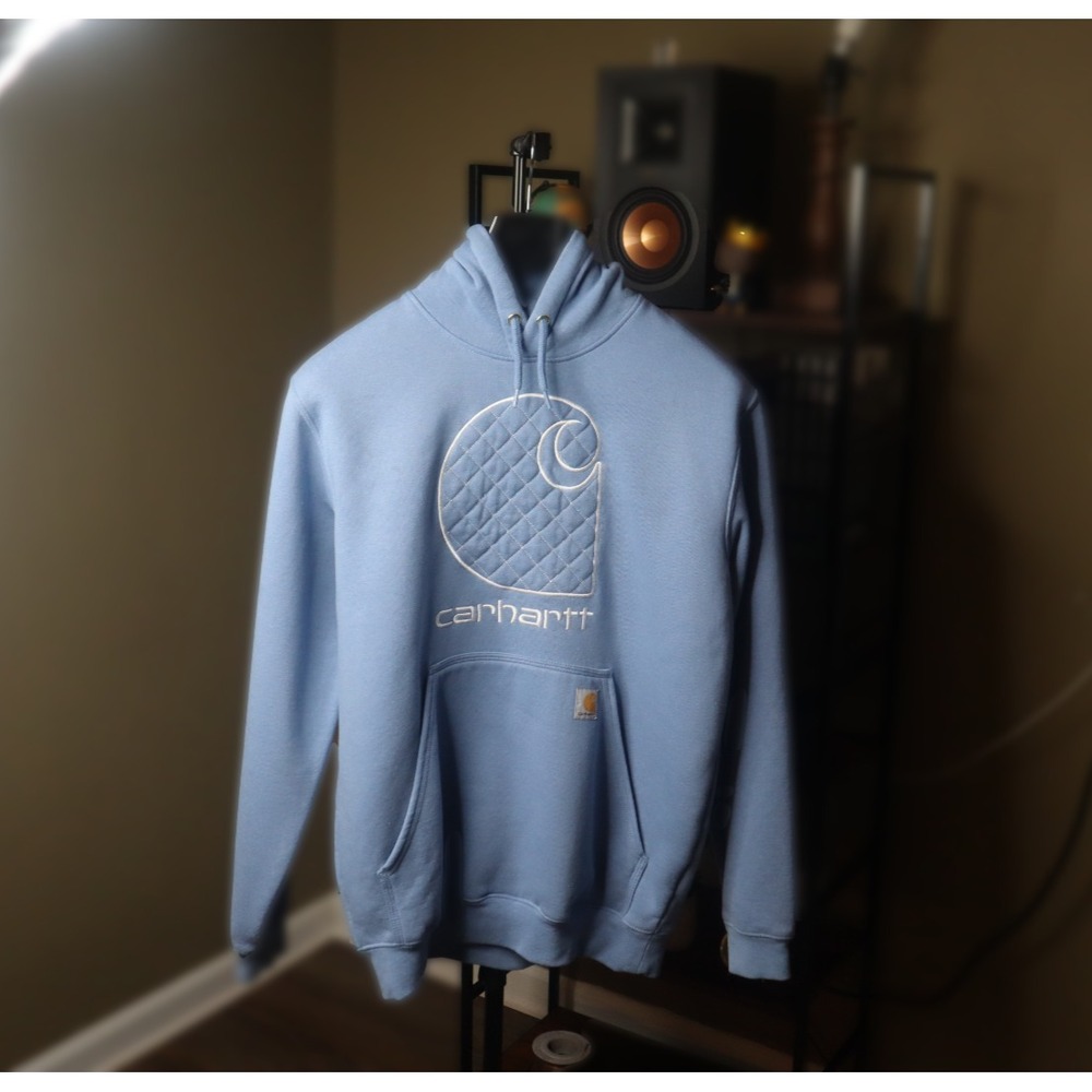 Carhartt Hoodie Mens M Blue Loose Fit Pullover Sweatshirt C Puff Logo - Picture 5 of 7